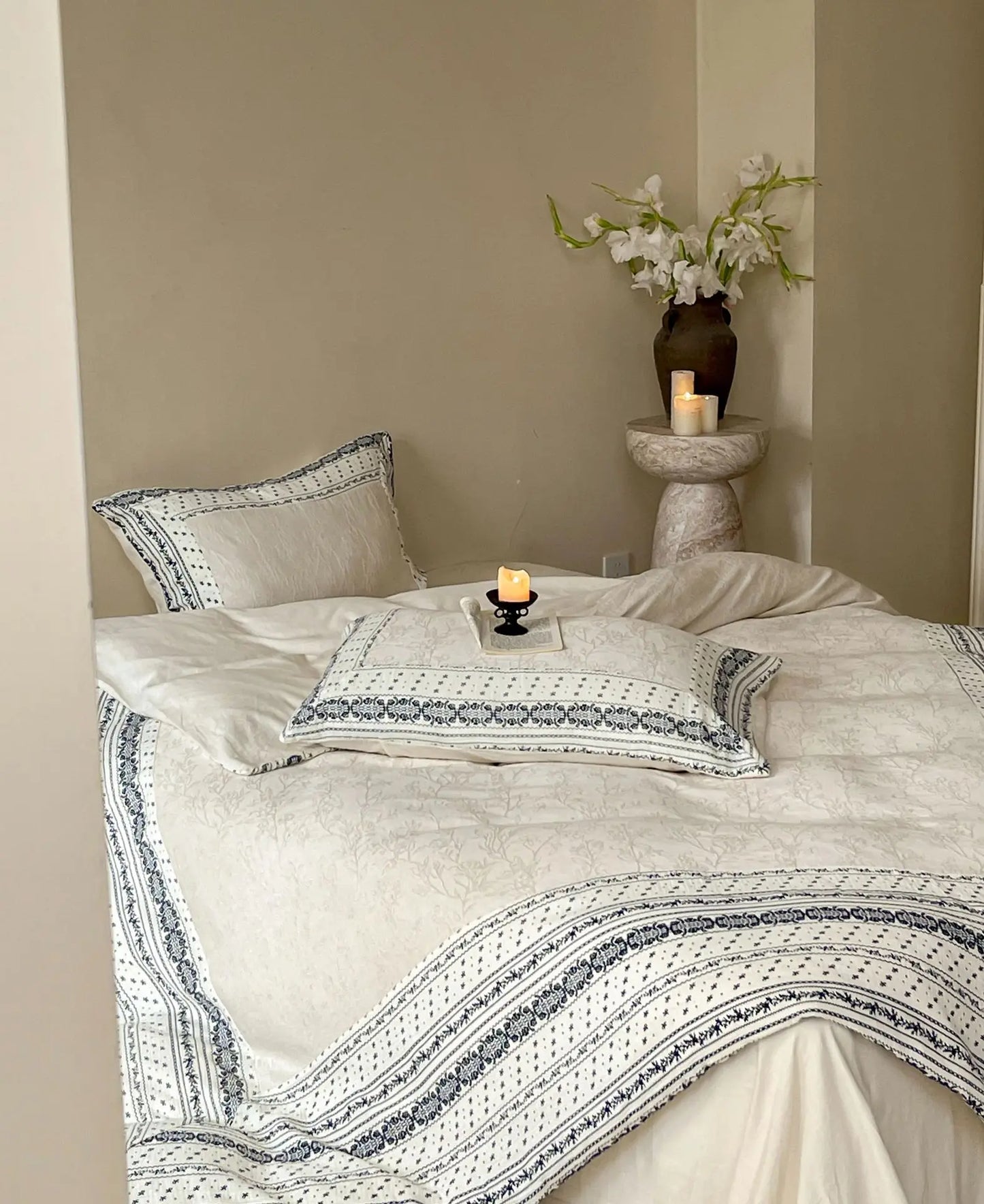 French Chateau Vintage Style Premium 4 Pc Cotton Linen Duvet Set - Cream