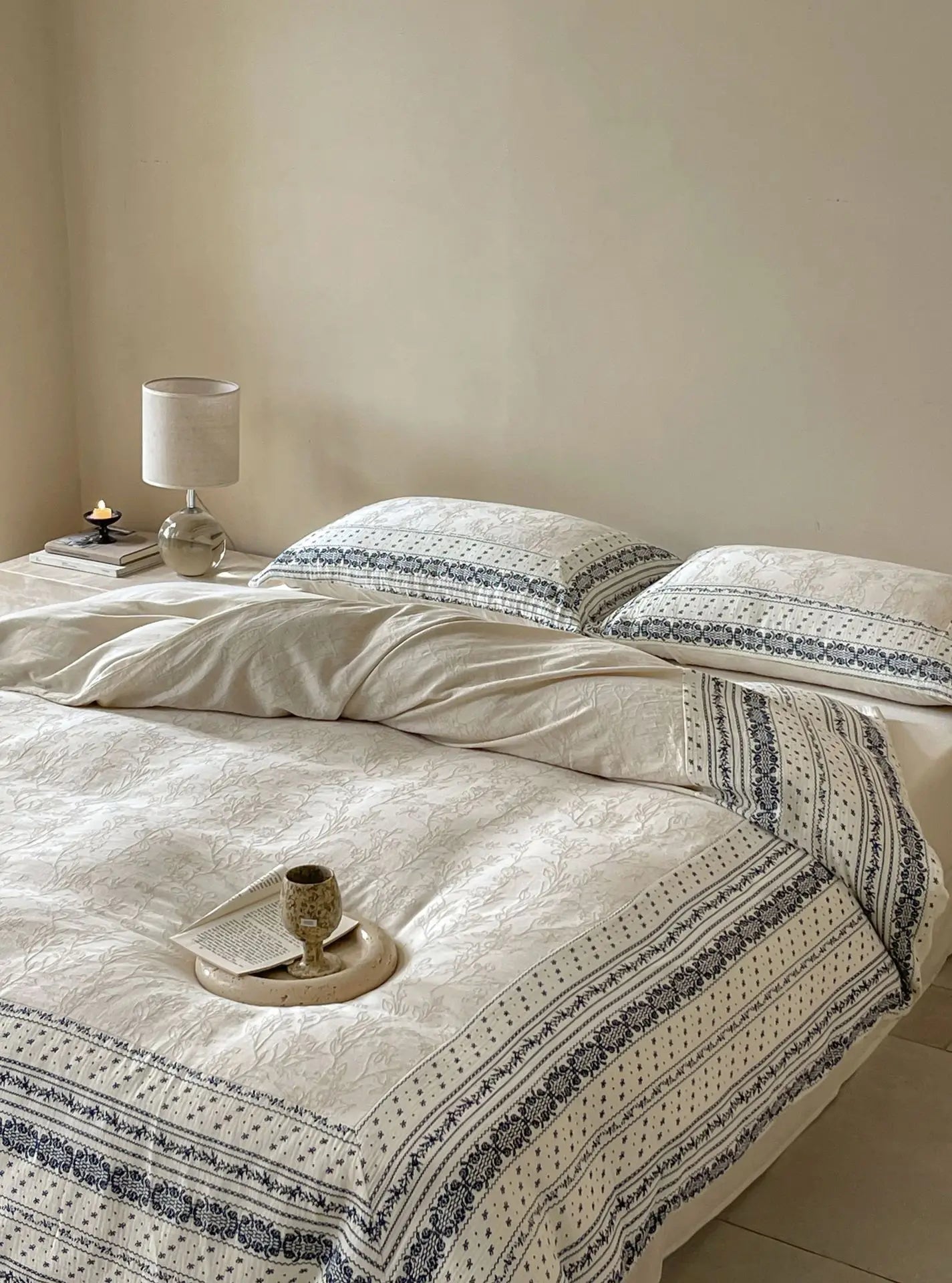 French Chateau Vintage Style Premium 4 Pc Cotton Linen Duvet Set - Cream