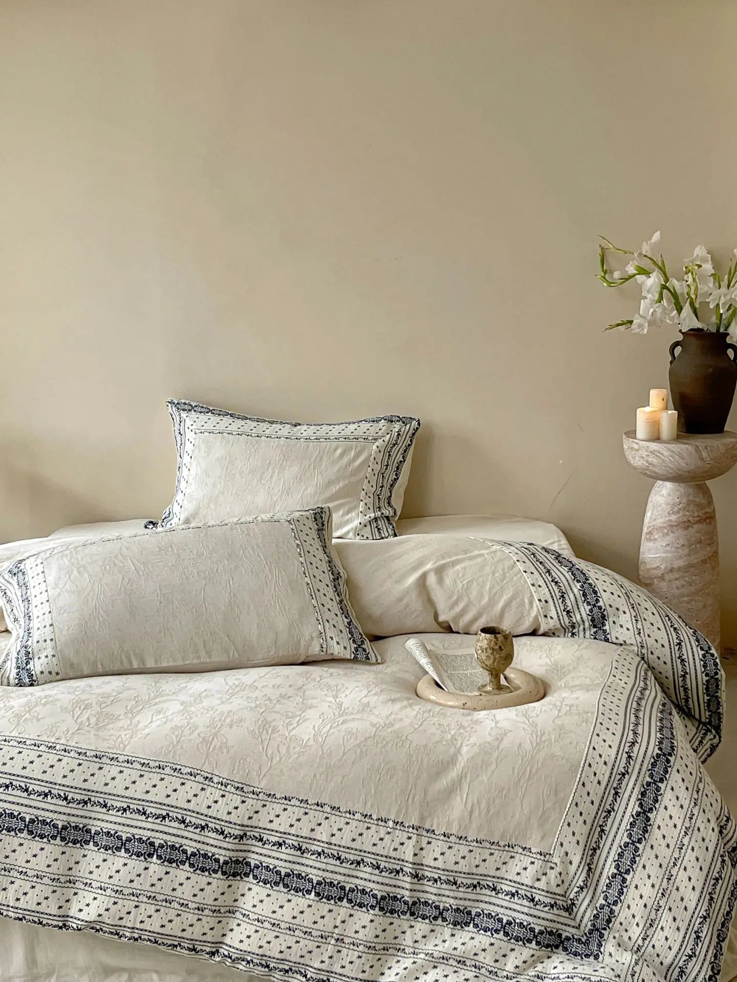 French Chateau Vintage Style Premium 4 Pc Cotton Linen Duvet Set - Cream