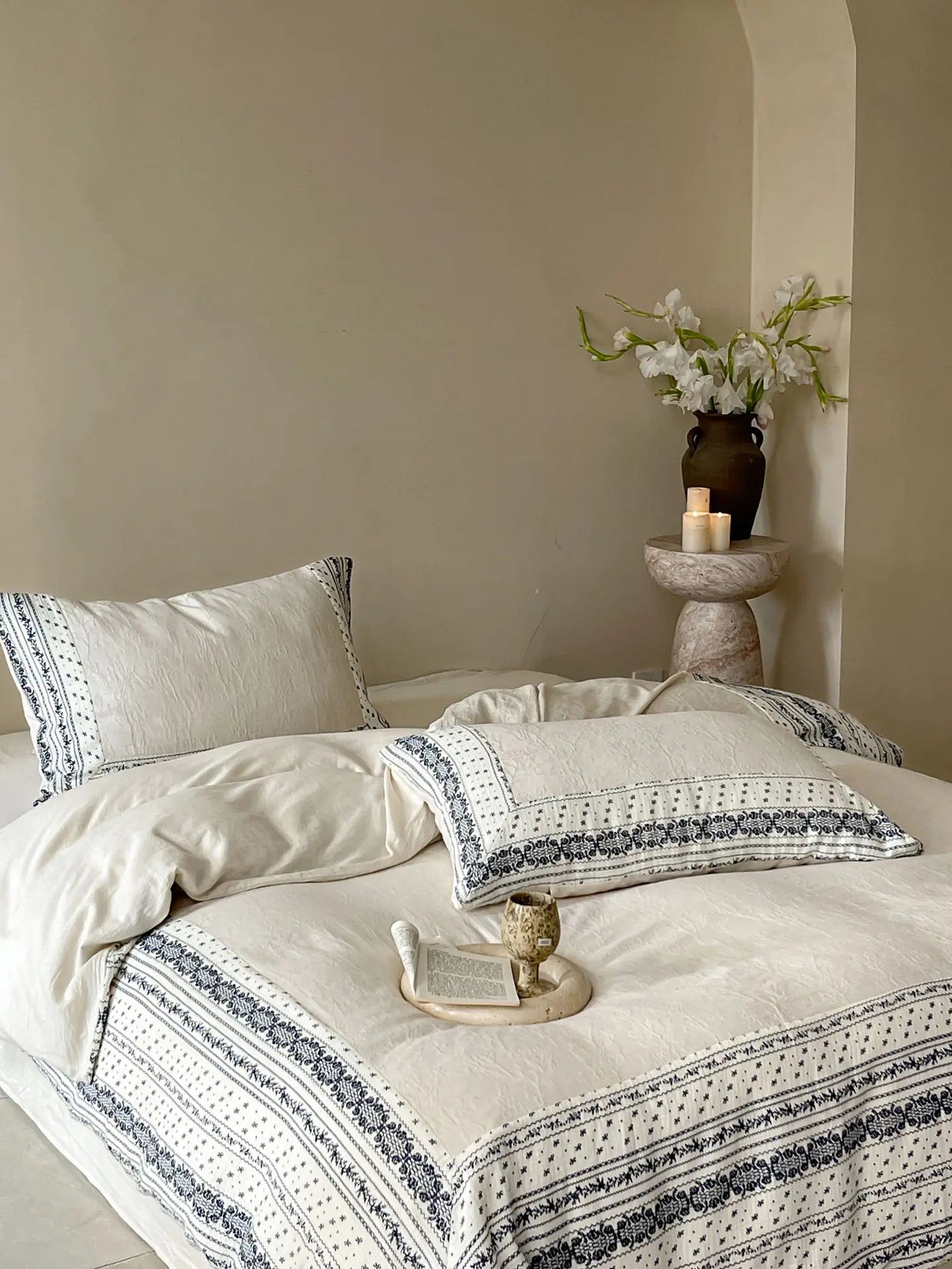 French Chateau Vintage Style Premium 4 Pc Cotton Linen Duvet Set - Cream