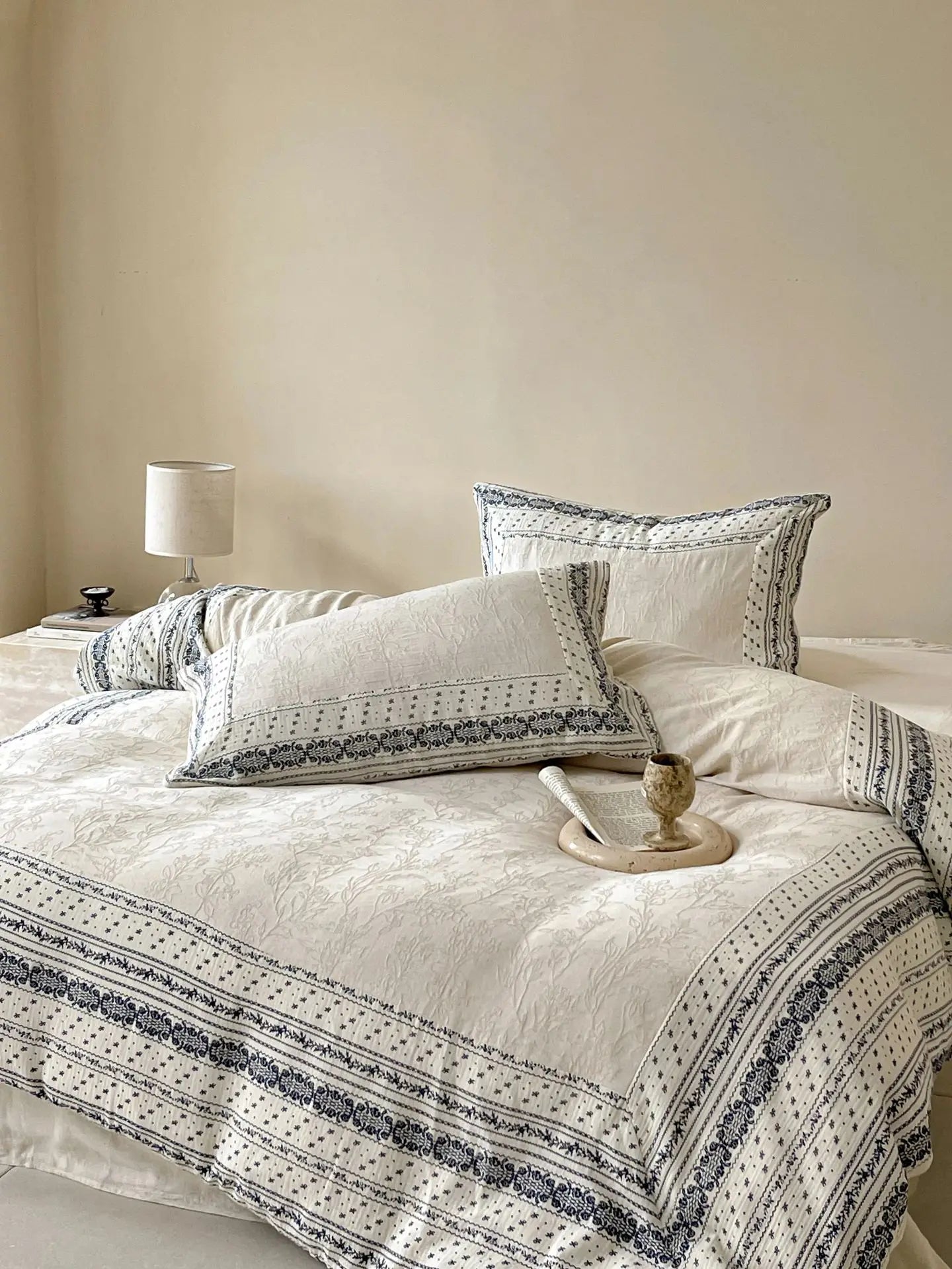 French Chateau Vintage Style Premium 4 Pc Cotton Linen Duvet Set - Cream