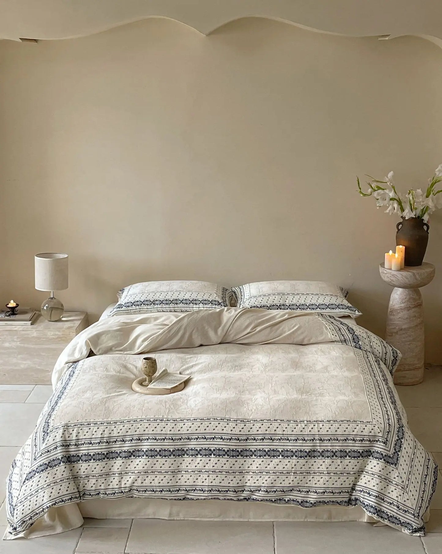 French Chateau Vintage Style Premium 4 Pc Cotton Linen Duvet Set - Cream