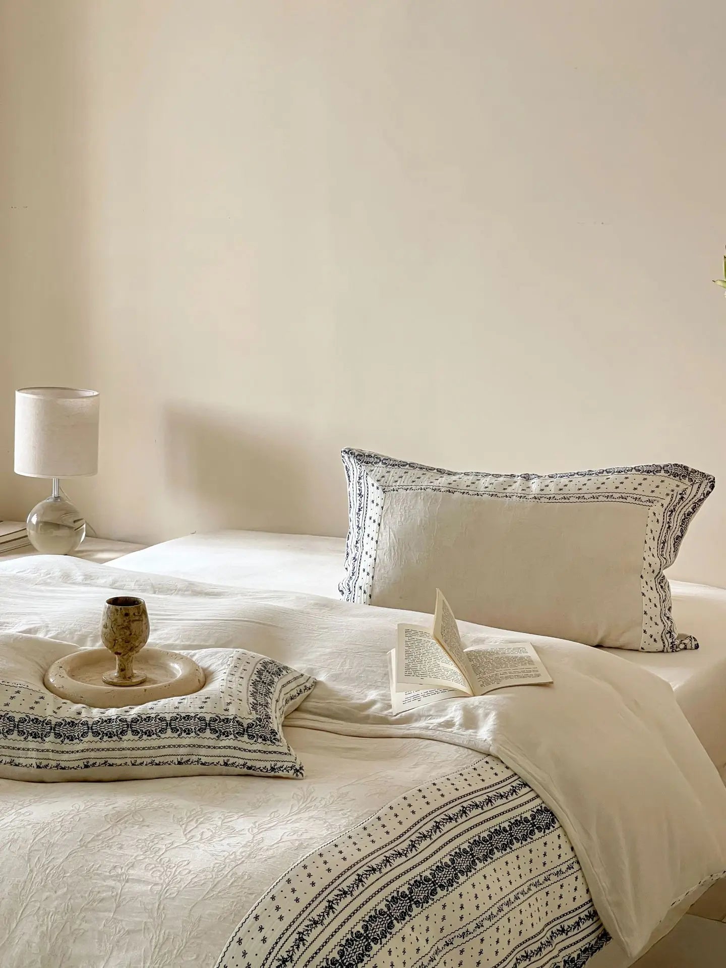 French Chateau Vintage Style Premium 4 Pc Cotton Linen Duvet Set - Cream