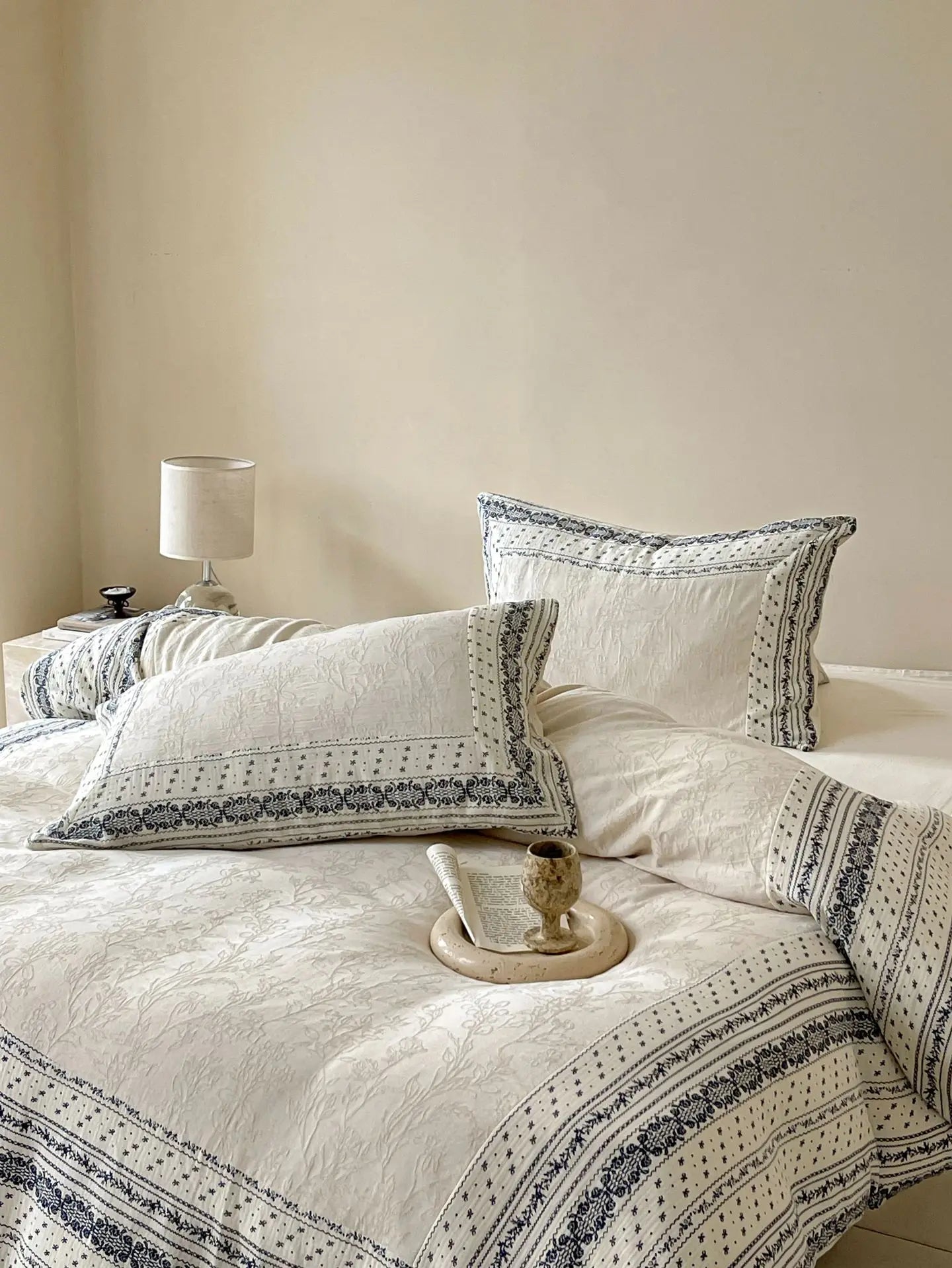 French Chateau Vintage Style Premium 4 Pc Cotton Linen Duvet Set - Cream