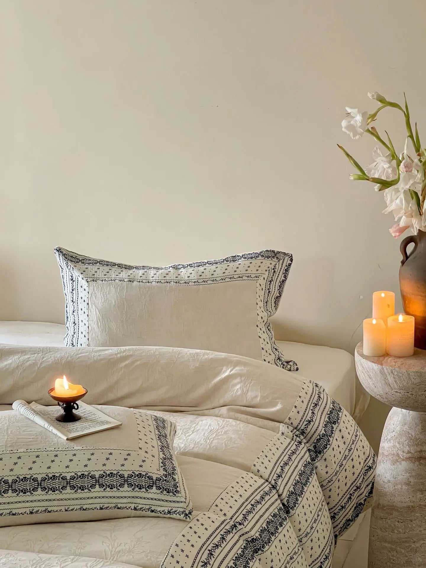 French Chateau Vintage Style Premium 4 Pc Cotton Linen Duvet Set - Cream