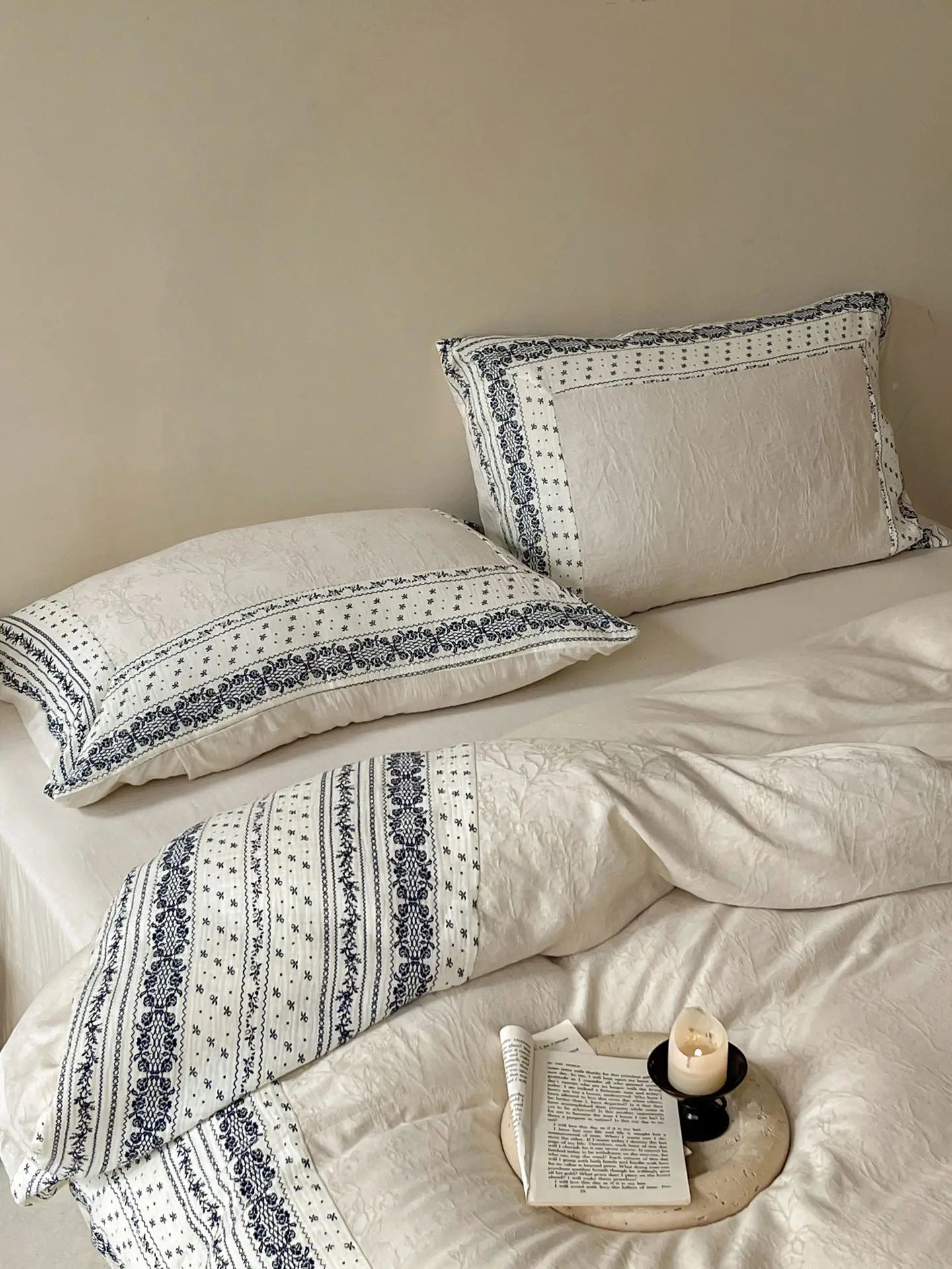 French Chateau Vintage Style Premium 4 Pc Cotton Linen Duvet Set - Cream