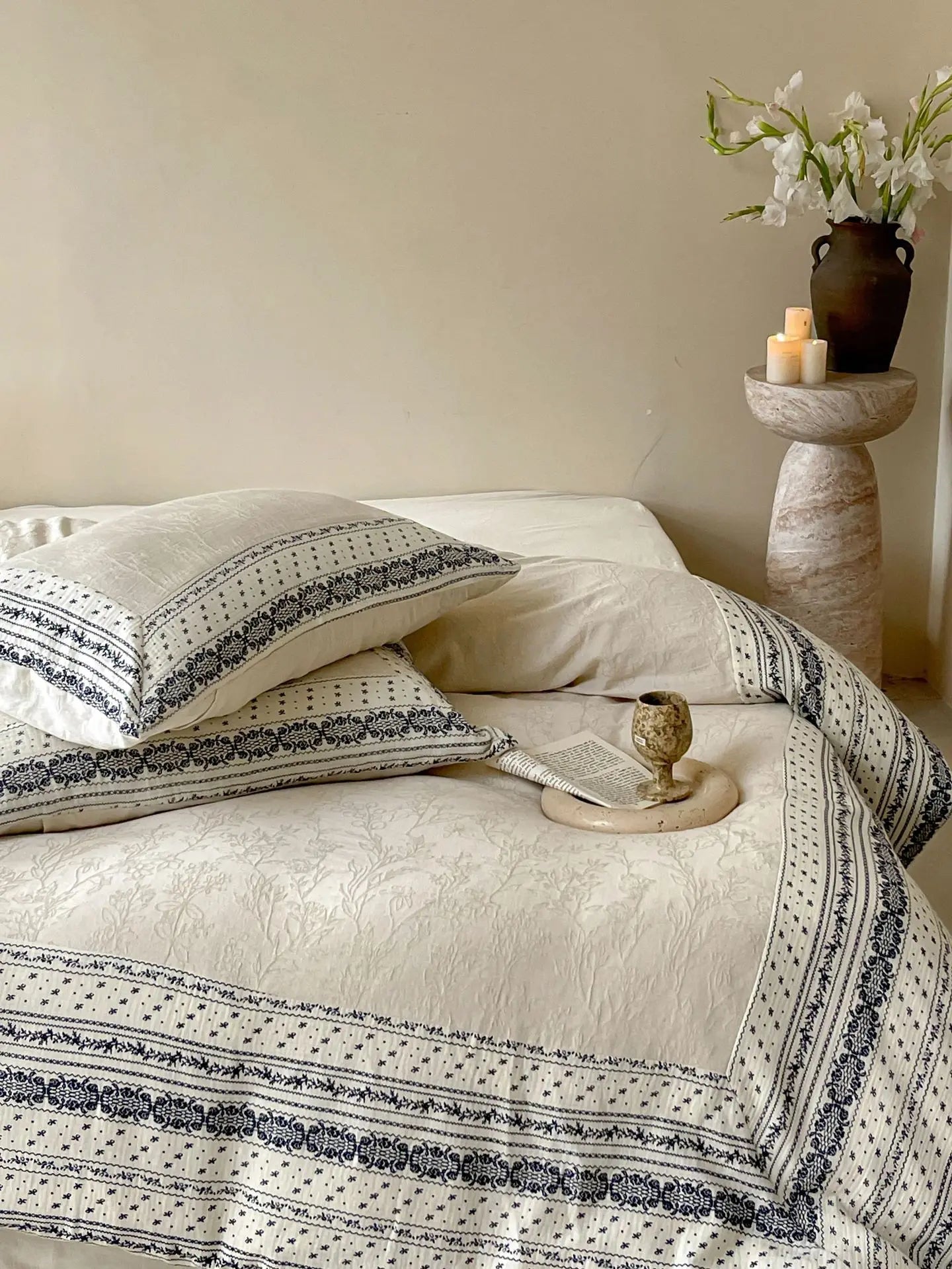 French Chateau Vintage Style Premium 4 Pc Cotton Linen Duvet Set - Cream