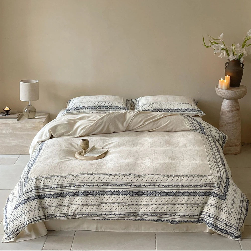 French Chateau Vintage Style Premium 4 Pc Cotton Linen Duvet Set - Cream