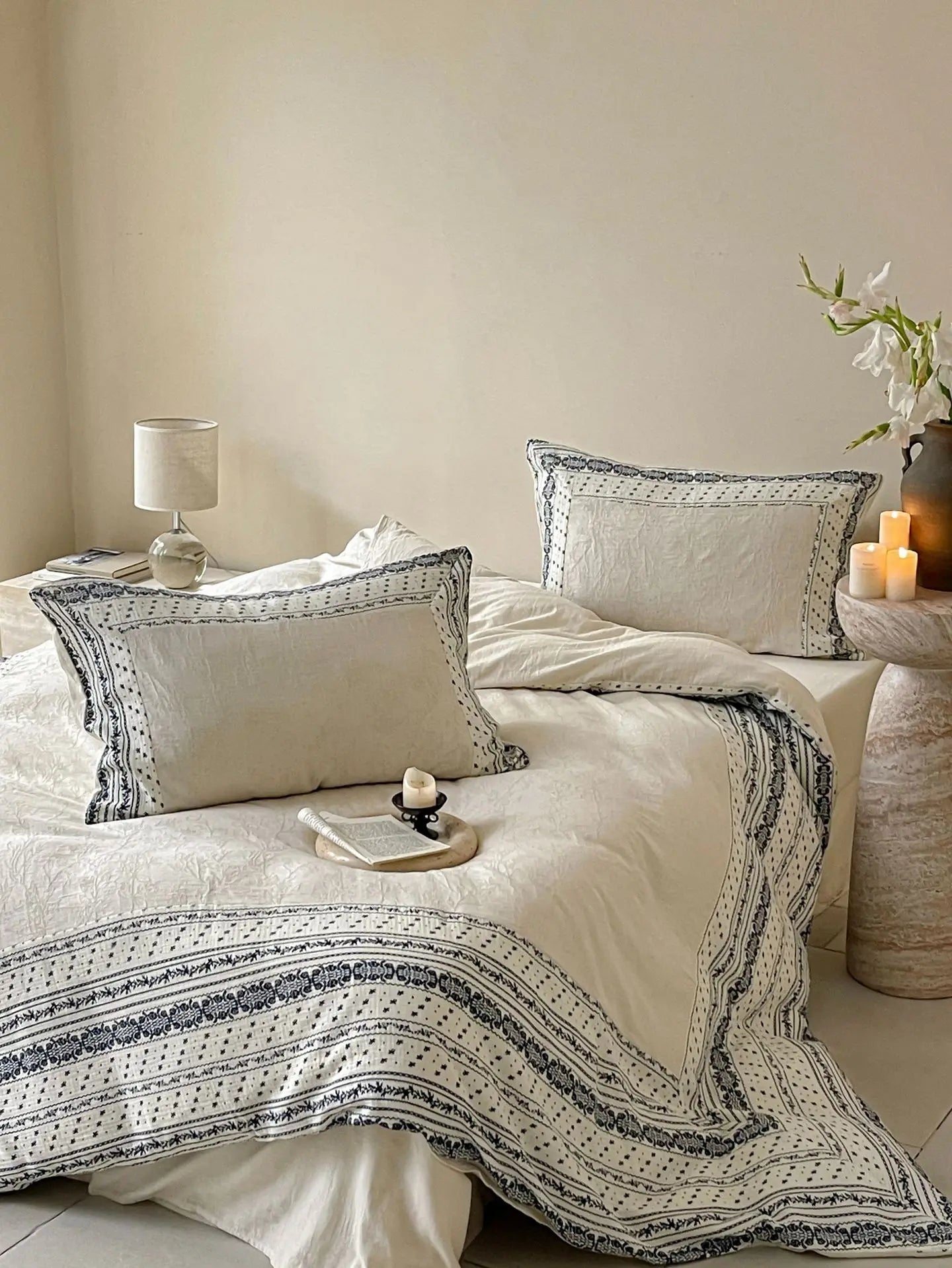 French Chateau Vintage Style Premium 4 Pc Cotton Linen Duvet Set - Cream