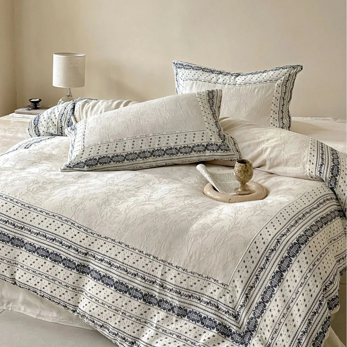 French Chateau Vintage Style Premium 4 Pc Cotton Linen Duvet Set - Cream