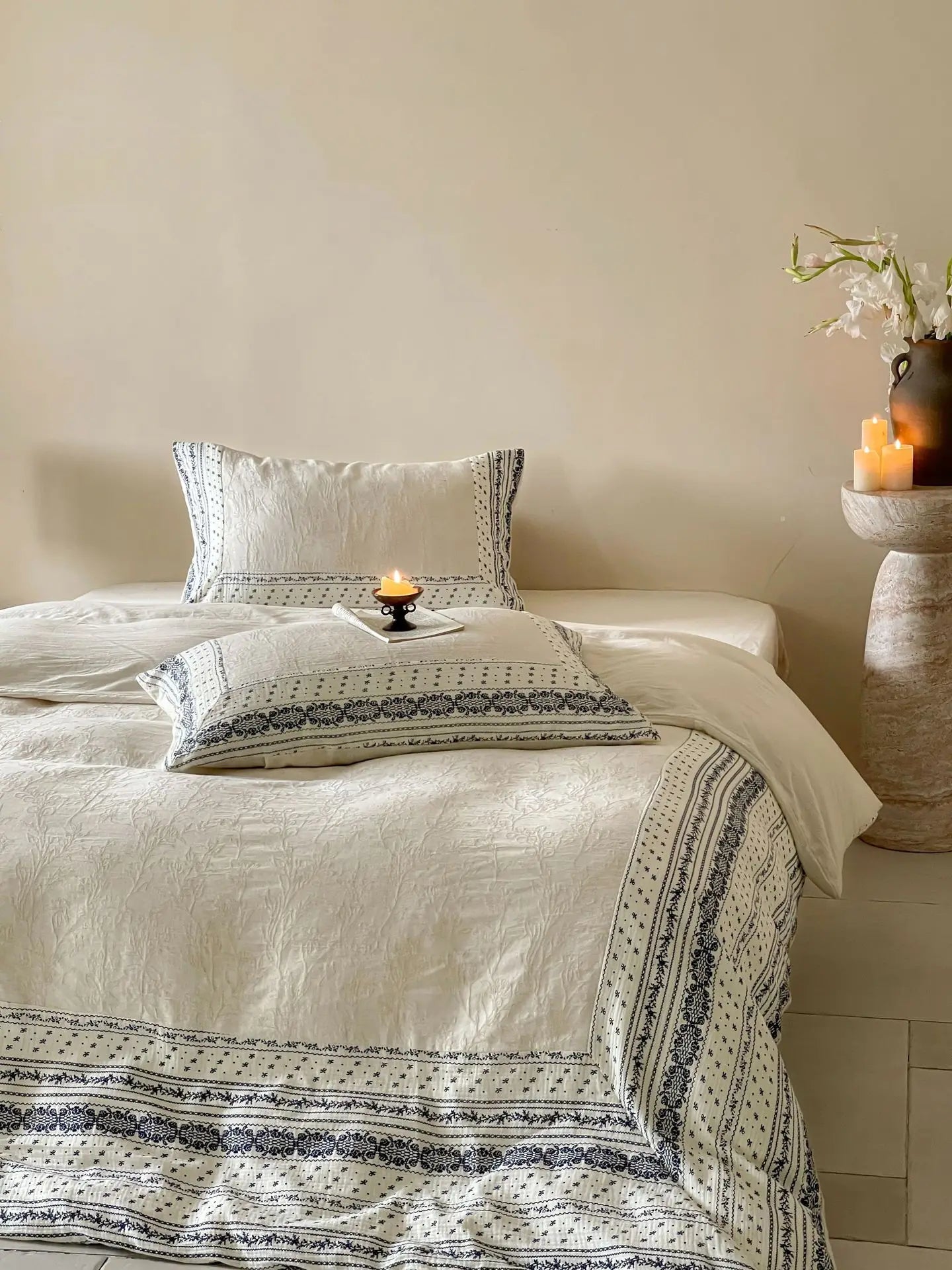 French Chateau Vintage Style Premium 4 Pc Cotton Linen Duvet Set - Cream