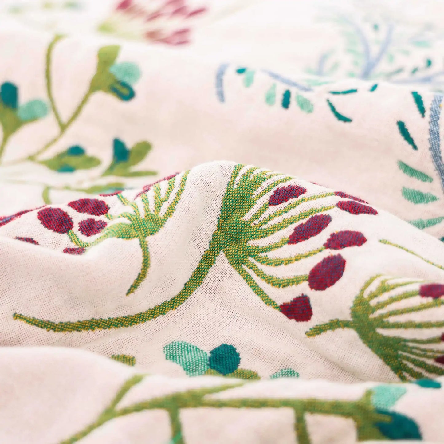 Wild Garden Boho Cotton Blanket/Throw - Cream/Emerald Green