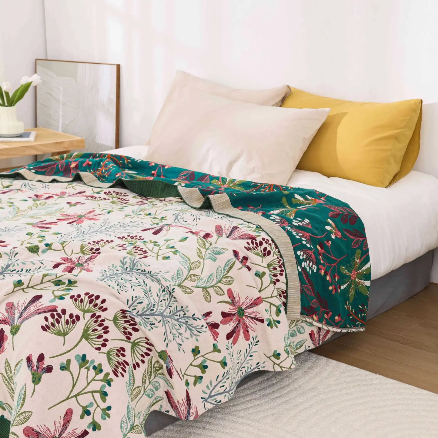 Wild Garden Boho Cotton Blanket/Throw - Cream/Emerald Green