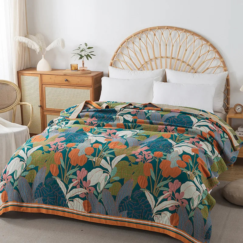 Wild Garden Boho Cotton Blanket/Throw - Teal/Orange