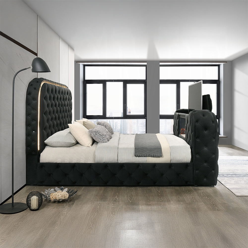 Tagus Smart Platform Bed with LED/ Fireplace/ TV Stand - Black