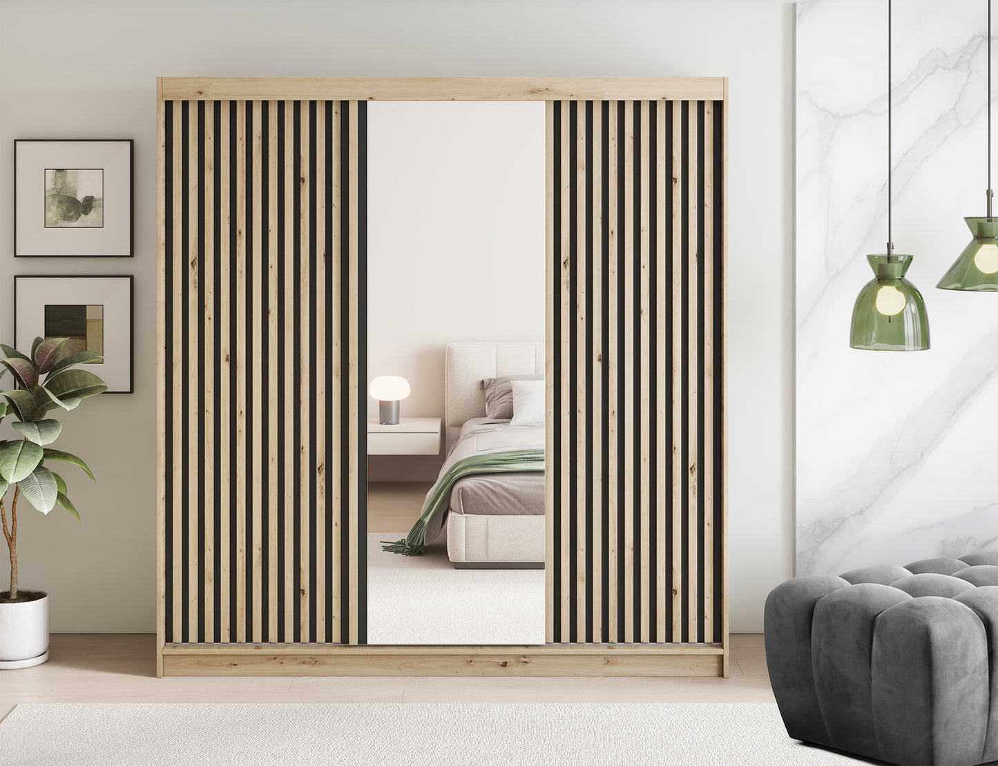 Emerio Mirrored 3 Sliding Door Freestanding Wardrobe - Artisan Oak